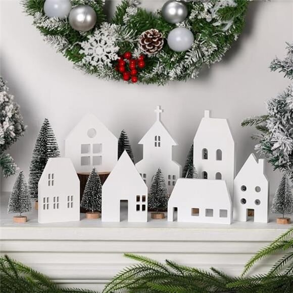 16 Pcs White Christmas Village Sets with Cedar Pine Decor Wooden House Blocks